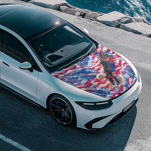 Image of Colorful American Flag Eagle Car Hood Cover Stretch Polyester Car Hood Cover Removable Automotive Accessories Suitable Most Automotive Sedans Trucks Pickup Sports Cars