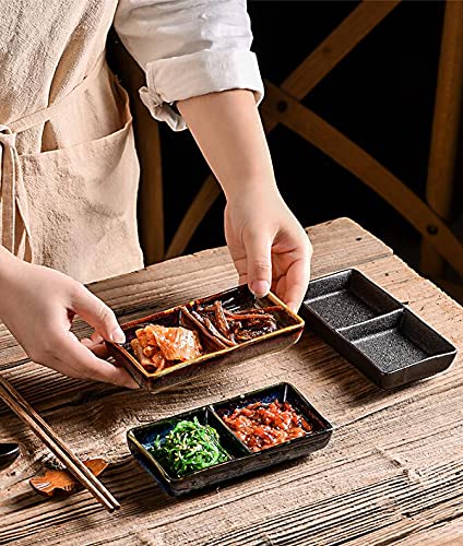Colias Wing 2 Compartment Divided Rectangle Porcelain Side Dish Bowl Seasoning Dishes Soy Dipping Sauce Dishes-Set of 2-Black/Grey/Blue