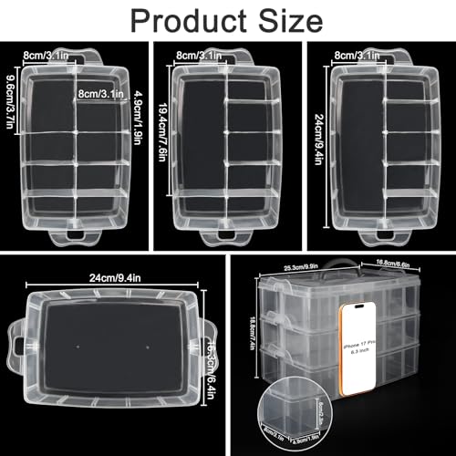 Image of Guyuyii 3-Tier Stackable Bead Organizer with Adjustable Dividers and Handle | Portable Storage Case for Craft, Sewing, Jewelry Making | Compatible with Beads, Embroidery Floss, Washi Tape, Lego Pieces