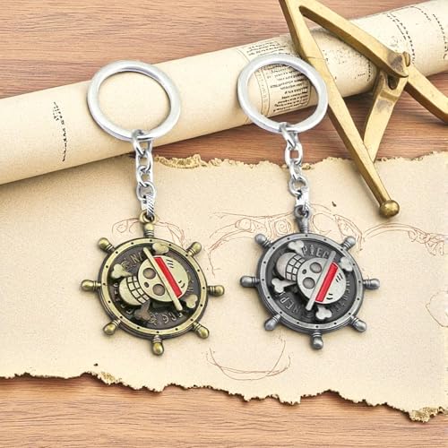 Image of One Piece Anima Manga Pirate Flag Logo Wheel Rotating Heavy Metal Keychain,|Anime Key ring| Perfect Keychain For Anime Lover|car Bikes Gold & Grey Combo pack