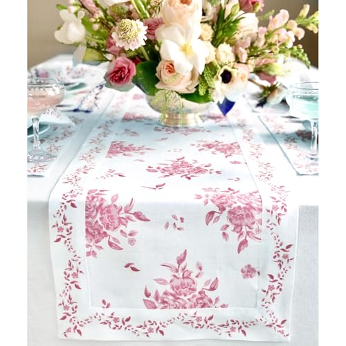 Solino Home Pink Floral Print Table Runner 60 inch - 100% Pure Linen Table Runner 14 x 60 Inch for Mothers Day, Spring, Easter - Handcrafted and Machine Washable - Jolie Fleur Print