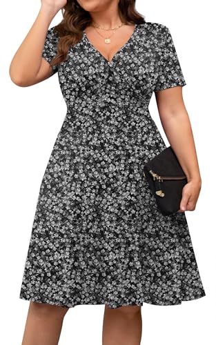 Image of POSESHE Womens Plus Size Dresses Summer Short Sleeve Wrap V-Neck Sundress Casual Wedding Guest Cocktail Dress with Pockets