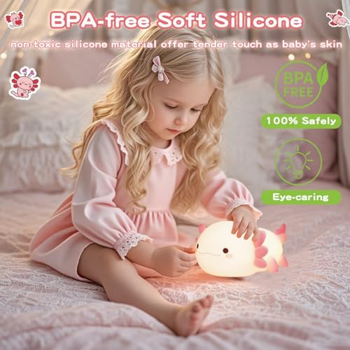 Image of FAMIDUO Pink Axolotl Lamp, Food-Grade Silicone Squishy Night Light for Kids | 2-Level Touch Dimmable ,20-Min Auto-off Timer, Rechargeable Anti-Blue Warm Glow Nursery Bedside Decor, Cute Gifts for Girls