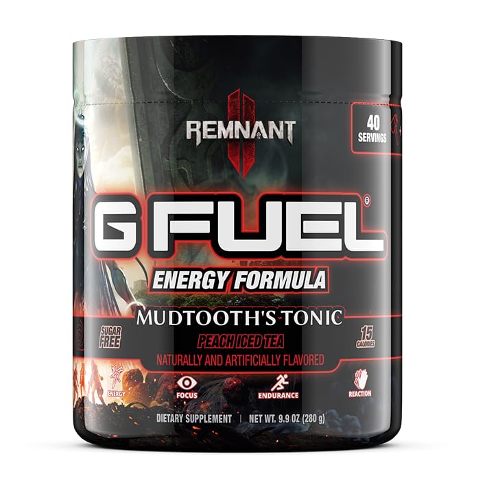 G Fuel Mudtooth's Tonic Energy Drink Powder, Pre Workout Caffeine Powder, Energy Powder Drink Mix for Gaming, Sugar Free Focus Amino, Vitamin + Antioxidants, 9.9oz (Peach Iced Tea, 40 Servings)