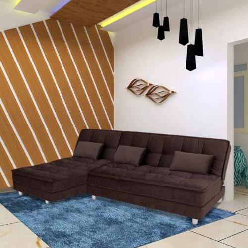 Image of FURNY - Gaiety 5 Seater Fabric LHS L Shape Sofa Cum Bed Set (Brown)