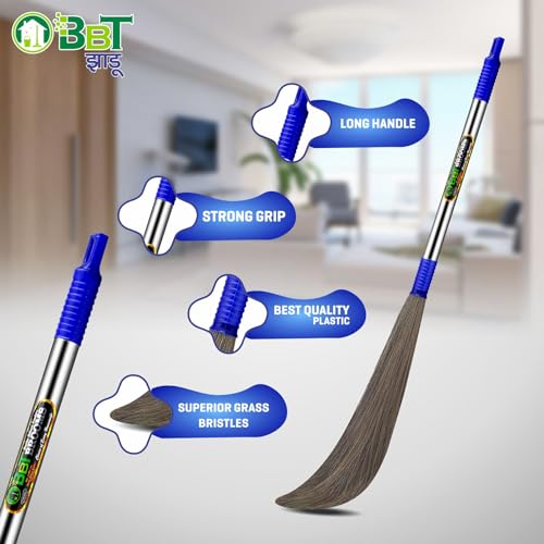 Image of BBT Phool Jhadu | Natural Grass Broom Stick for Home Cleaning | Eco-Friendly Long Handle Jhadu | Anti Dust, Lightweight & Durable Pack of- (1, NO-2)
