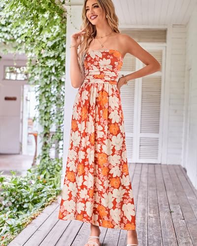 Image of GRACE KARIN Women Strapless Dress Casual Loose Ruched Long Maxi Dress with Pockets