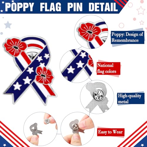 Image of Tondiamo Patriotic Veterans Poppy Lapel Pins Gift Bulk with Memorial Day Thank You Cards Flower Brooch Badge Soldier Souvenir