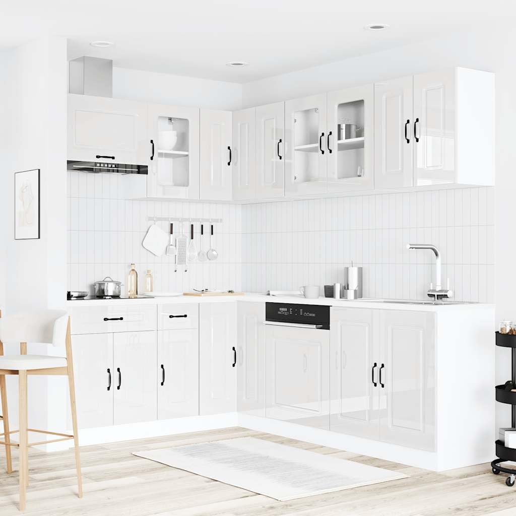 Kalmar - Set di mobili da cucina da 11 pezzi, elegante angolo e pensili, mobili da cucina modulari in legno per molto spazio, bianco lucido