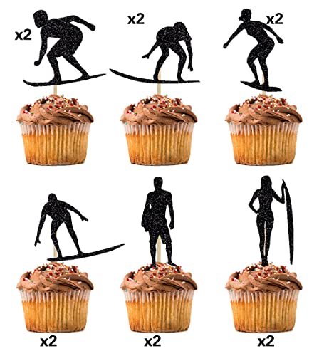 Biabisd 12 Pcs Surf Cupcake Toppers Glitter Summer Surf Themed Cupcake Toppers Sport Theme Birthday Party Cake Decorations Supplies #TOP2