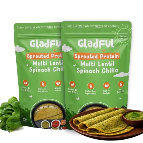 Image of Gladful Spinach Protein Sprouted lentils & millets Instant Chilla - Dosa Mix, Natural healthy protein & fiber-rich food for kids and families, 200 g (Pack of 2)