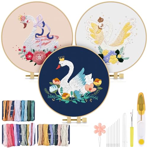 Image of TINDTOP 3 Pack Embroidery Kit for Adult Beginners, Embroidery DIY Starter Kit, with Swan Stamped Patterns, Hoop, Tools, Colorful Threads with Needles, Instructions | with Swan Stamped Patterns, Hoop, Tools, Colorful Threads with Needles, Instructions