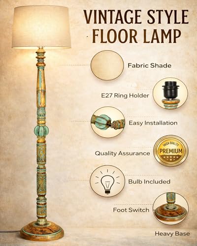 Image of Homesake Antique Wooden Floor Lamp for Living Room | Night Lamp Shade | Side Lamp for Living Room Light Decoration for Home | Made in India Products (Beige, Algae Carving)