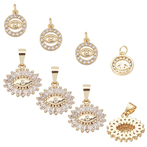 NBEADS 8 Pcs Cubic Zirconia Evil Eye Charms, 2 Styles Gold Evil Eye Charms Brass Clear Micro Pave Cubic Zirconia Pendant Charms for DIY Bracelet Necklace Jewelry Making