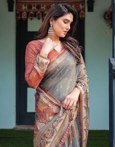 Image of SIRIL Women's Cotton Linen Printed Handloom Saree with Unstitched Blouse Piece