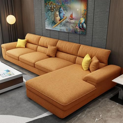 Image of Italino 5 Seater Luxurious L Shape Fabric Sofa Set (Right Side Lounger, Orange) | 5 to 6 Person Wooden Corner Sofa Couch for Living Room Bedroom Home Hall Furniture