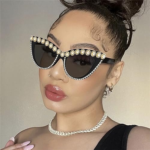 Image of LJCZKA Diamond Cat Eye Sunglasses Women Retro Jeweled Rhinestone Sun Glasses Sparkle Crystal Pearl Luxury Bling Eyewear