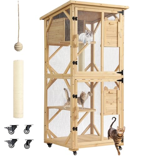 MAGIC UNION 71' Catio Outdoor Cat Enclosure Window Access, 4 Tiers Cats Playpen with Wheels, Resting Box & Waterproof Roof, Indoor Large Cat House Cage with Scratching Post Sisal Ball (Original Wood)