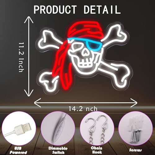 Image of Pirate Neon Lights Skull Neon Sign, USB Powered LED Decor | Halloween Wall Decor for Bedroom, Game Room, Bar, Party Decoration and Pirate Theme Gift
