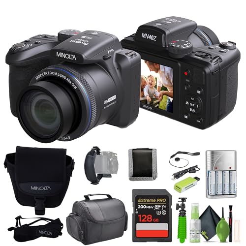 MINOLTA MN40Z 20 Mega Pixels 40x Optical Zoom Digital Camera with 1080p FHD Video, Black, Bundle with 64GB Memory Card + Vlog Tripod + 4xAA Battery with Charger + Accessories