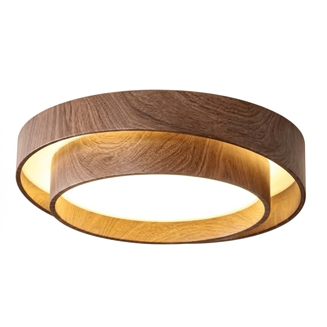 Mid-Century Retro Style Ceiling Light, Elegant Double Ring Walnut Wood Grain Texture, Sophisticated Circular Orbital Silhouette, Acrylic Soft Diffuser, Flush Mount Lighting Fixture, Art(15.75"(40cm))
