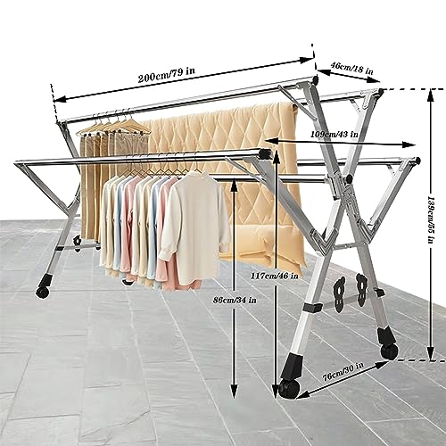 Séchoir extensible en acier inoxydable de 200 cm peu encombrant à roulettes - 8