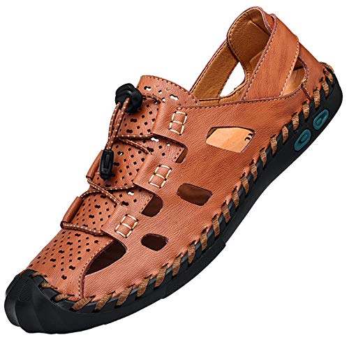 Awanxy Men's Breathable Sandals Adjustable Closed Toe Leather Athletic Hand Stitching Shoes Outdoor Driving Fisherman Sandals for Summer Hiking Sports Business Walking Work Office Brown Size 10.5