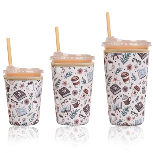 Image of Reusable Insulated Sleeve for Iced Coffee Cup, 3-Pack Coffee Neoprene Drink Sleeve for Cold & Hot Drinks, Beverage Holder for Iced Coffee (Cafe Books)