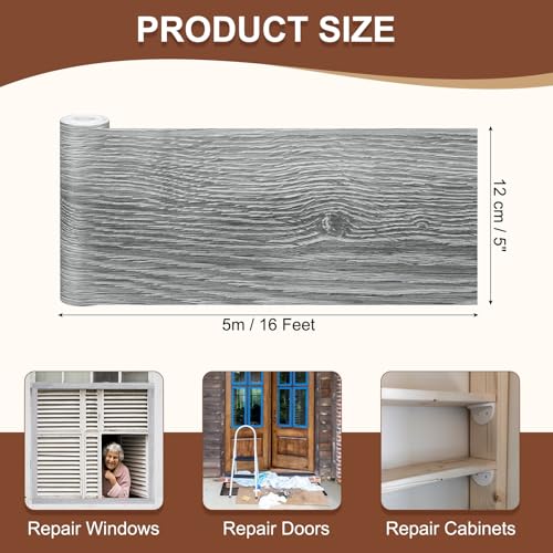 Image of MECCANIXITY Wood Grain Repair Tape, 5 Inch x 16 Feet Self Adhesive Wood Grain Tape Multi-Purpose Wallpaper Border Trim for Furniture Floors Windows Doors Tables Home, Gray