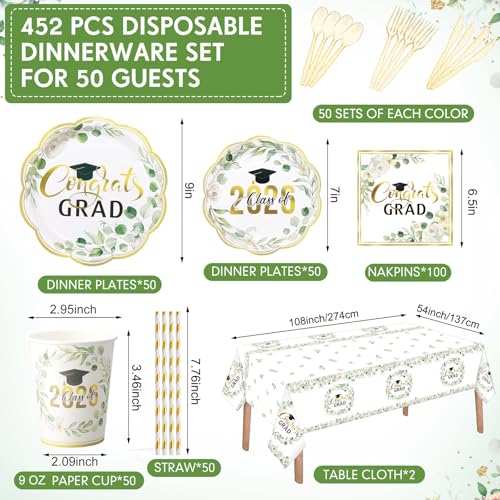 Image of Funnymoom 452 Pcs Class of 2026 Sage Green Graduation Decoration Party Supply for 50, Green Gold Eucalyptus Congrats Grad Paper Plates Napkins Cup Tablecloth Cutlery for Freshly Graduated Decoration