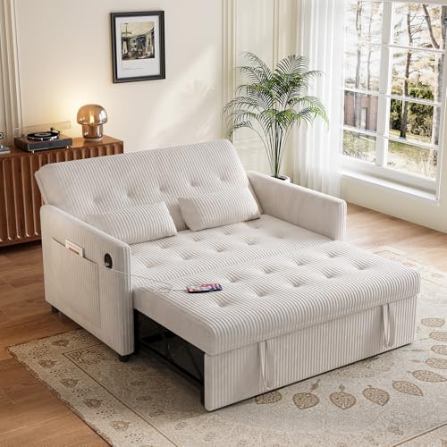 UXENAFANA Sofa Bed, Loveseat 3-in-1 Sleeper Sofa with Pull Out Bed, Pockets and USB, Modern 2 Seater Convertible Small Couch for Living Room Bedroom Apartment (Beige, Corduroy)