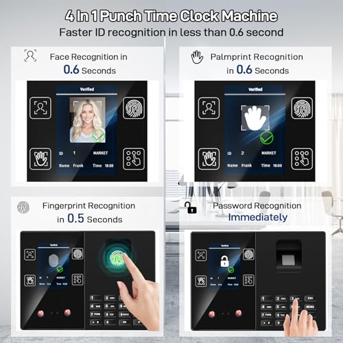 Image of KUIIYER 4 in 1 Employees Time Clocks for Small Business (Face + Fingerprint + Palm Print + PIN) Employee Clock in & Out Machine Biometric Attendance Punch Clock Recorder Tracker (No Monthly Fee)