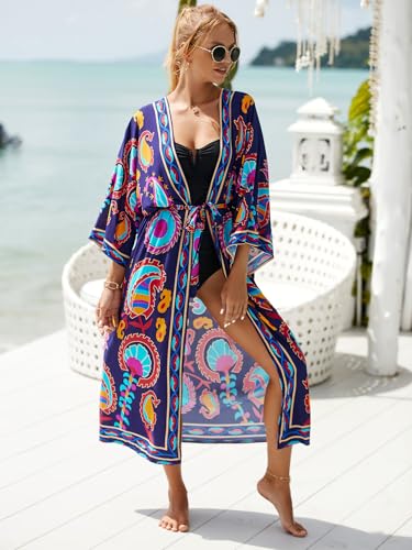 Image of Women's Kimono Cover Up Long Beach Dress Swimsuit Cover Ups Colorful Cardigan Lightweight Robe for Swimwear