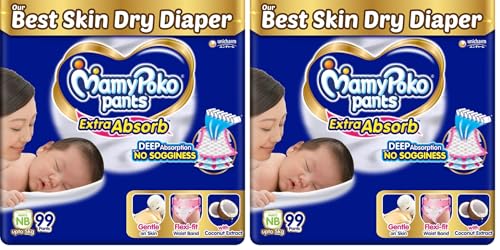 Image of MamyPoko Pants Extra Absorb Baby Diapers, New Born /X-Small | 0-5 kg | 99 Count |Deep Sleep Diapers| Soft Gentle fit |Deep Absorbent Crisscross | Skin Friendly with Coconut Oil | (Pack of 2)