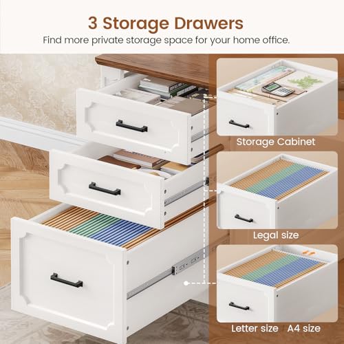 Image of SEDETA Farmhouse 70.9 inch Executive Desk, Home Office Desk with File Drawers and Storage Cabinet, Computer Desk with Power Outlet for Home Office, Work Study Writing, White+Brown