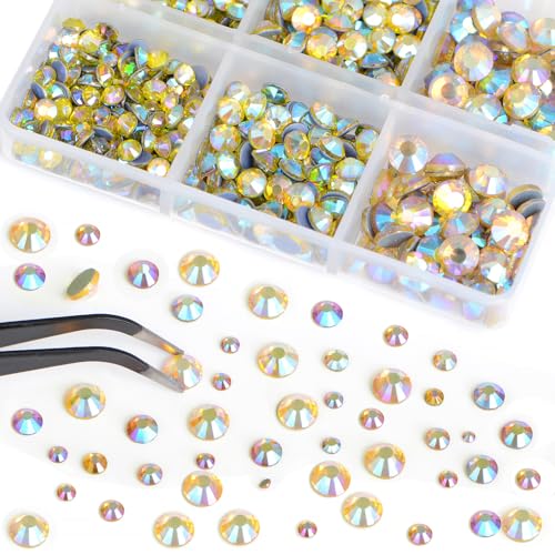 Image of Bymitel Hotfix Crystal Rhinestones Round Gems for Crafts,Mixed 6 Sizes with Wax Pencil Kit, Citrine AB 1.6-6.3mm SS4-SS30 /8000pcs