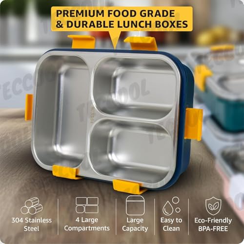 Image of TEKCOOL Lunch Box for Adults - Lunch Box for Kids - with Spoon & Fork - Stainless Steel Lunch Box with 3 Compartment - Durable Perfect Size for On-The-Go Meal, BPA-Free';