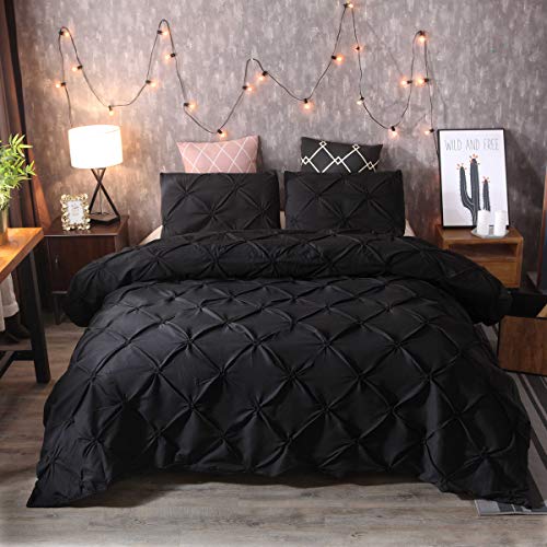 TT Global Housse de Couette à Plis Pincés, Luxueux Microfibre Parure de lit Plissée Noir 3 Pièces,Une Housse de Couette de 240 x 220 cm et Deux Taie d'oreiller de 50 x 70 cm