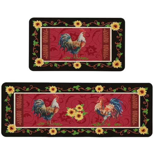 Kuyuayee Farmhouse Kitchen Mats Set of 2 Non-Slip Farm Rooster