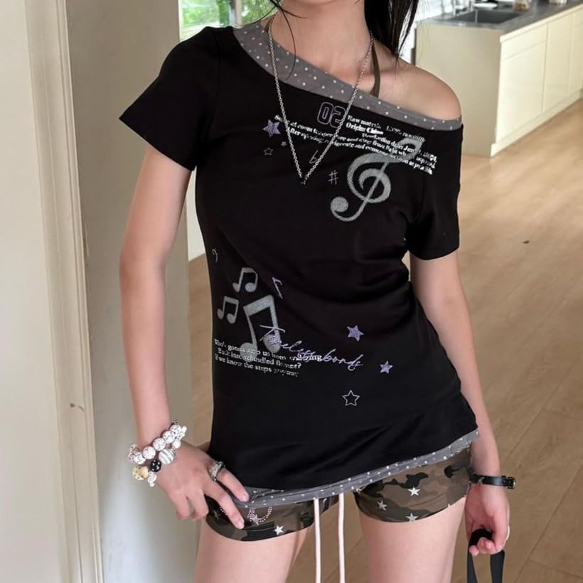 Image of Kawaii Cutecore Harajuku Y2k 2000s Tops Summer Preppy Aesthetic Alt Goth Emo Short Sleeve Graphic Tees