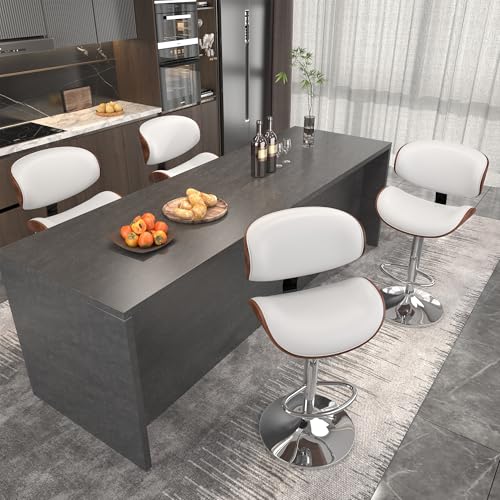 Image of YaFiti Bar Stools Set of 2, Bar Stools for Kitchen Island with Bentwood Back and Leather Seat, Swivel Barstools for Kitchen Counter, Bar, White