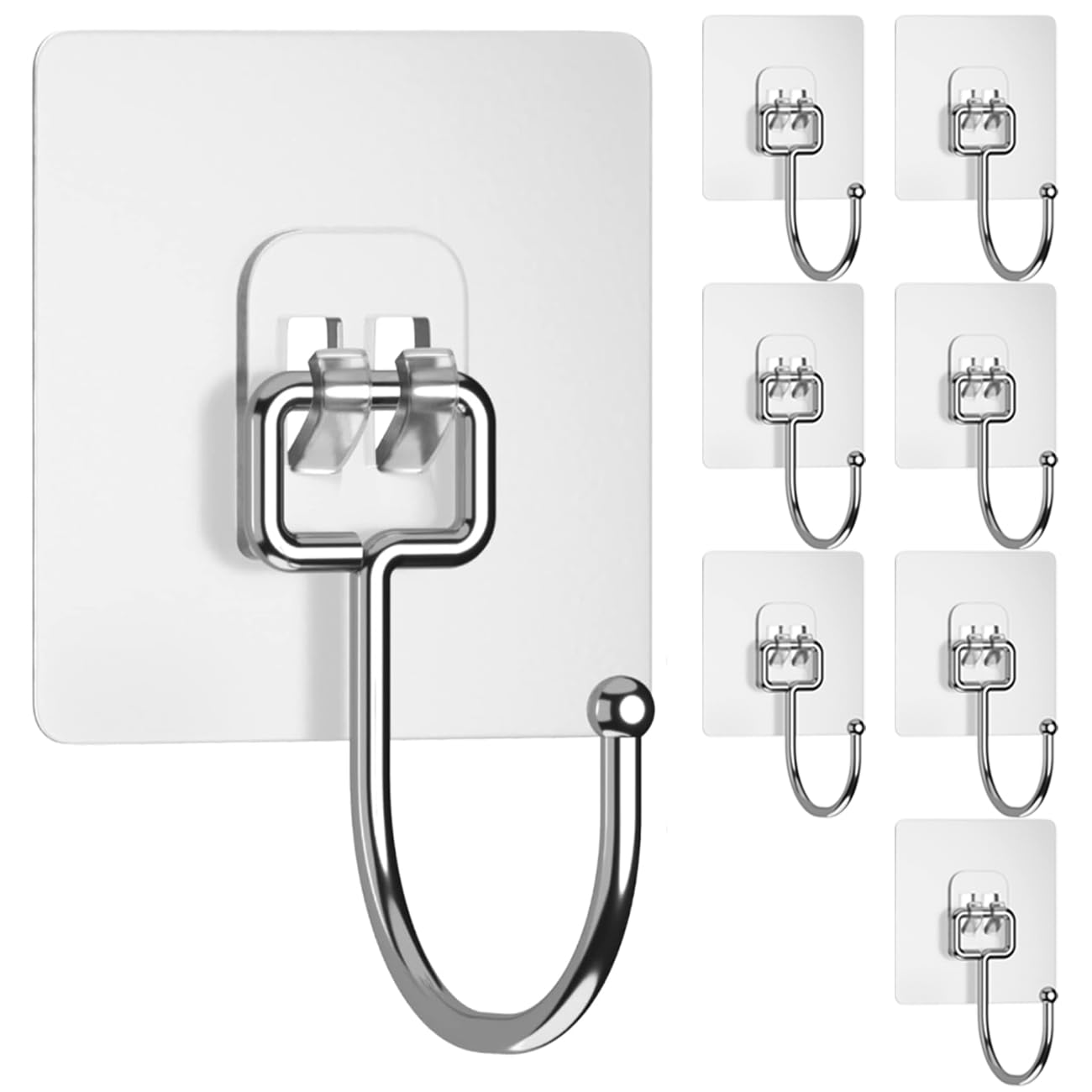 Yuraise 8-Pack Large Adhesive Wall Hooks for Hanging Heavy Duty 44lbs, Rustproof & Waterproof Hanging Hooks for Bathroom Kitchen Home, Bolded 304 Stainless Hangers for Keys Robe & Towel, Clear