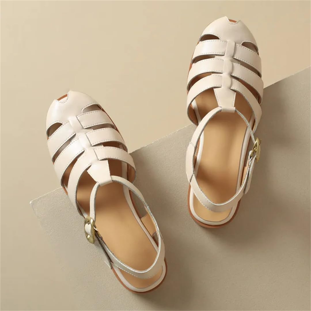 Sandalias básicas de piel auténtica con correa de tobillo para mujer, con hebilla y correa trasera, tacón plano, sandalias de verano, beige, 41 EU