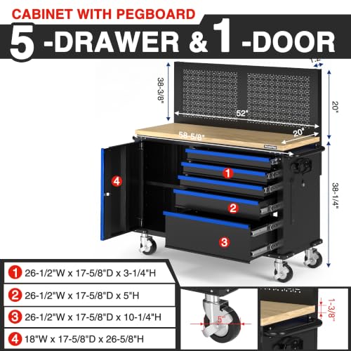 Image of WORKPRO 52 inch x 20 inch Rolling Tool Chest with Pegboard, 5-Drawer & 1-Door