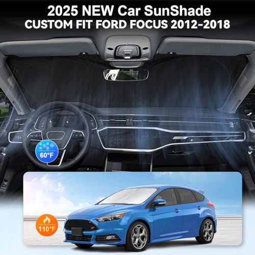 Sunshade for Focus Windshield Sun Shade Custom-fit for 2012-2018 Ford Focus S, RS, ST, SE, SEL, Titanium, Electric Sedan Hatchback Accessories Front Window Shield Cover Sun Visor UV Reflector