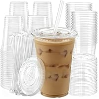100 Pack 16 oz Plastic Cups with Lids and Straws, Clear Disposable Plastic Cups, Heavy Duty Iced Coffee Cups with Leak-Resistant Lids, Cold Drink Cups for Smoothies, Juice, Soda & Party To Go