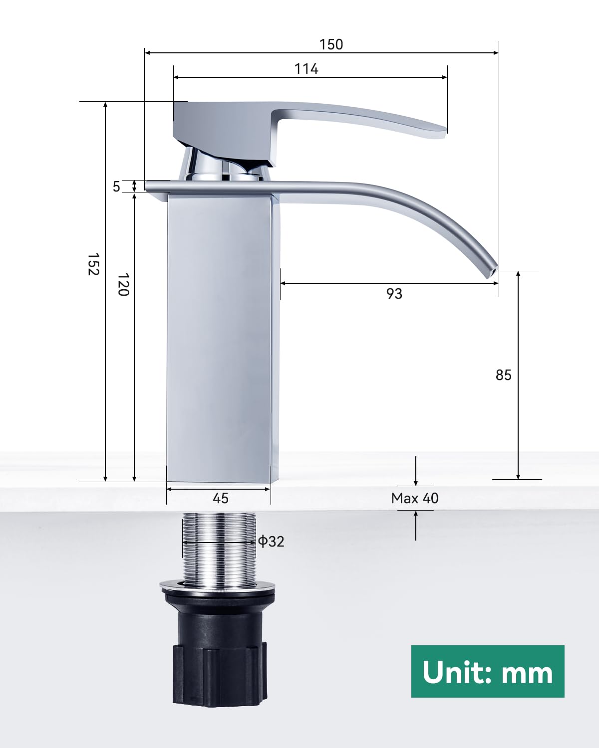 ANYCEE Rubinetto Bagno Lavabo a Cascata, Miscelatore Lavabo Bagno con Altezza Bocca 8,5cm, Miscelatore Lavabo a Cascata con Acqua Calda e Fredda