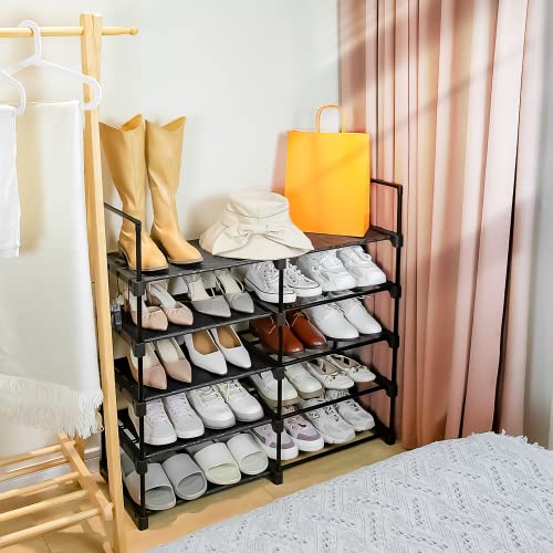 Goramio 10 Tiers Free Standing Shoe Rack | 20-24 Pairs Shoes Storage Organizer | Stackable Metal Shoe Shelf With Hooks | Space Saving Narrow Shoe Rack For Entryway, Closet, Bedroom, Corner | Black #TOP2