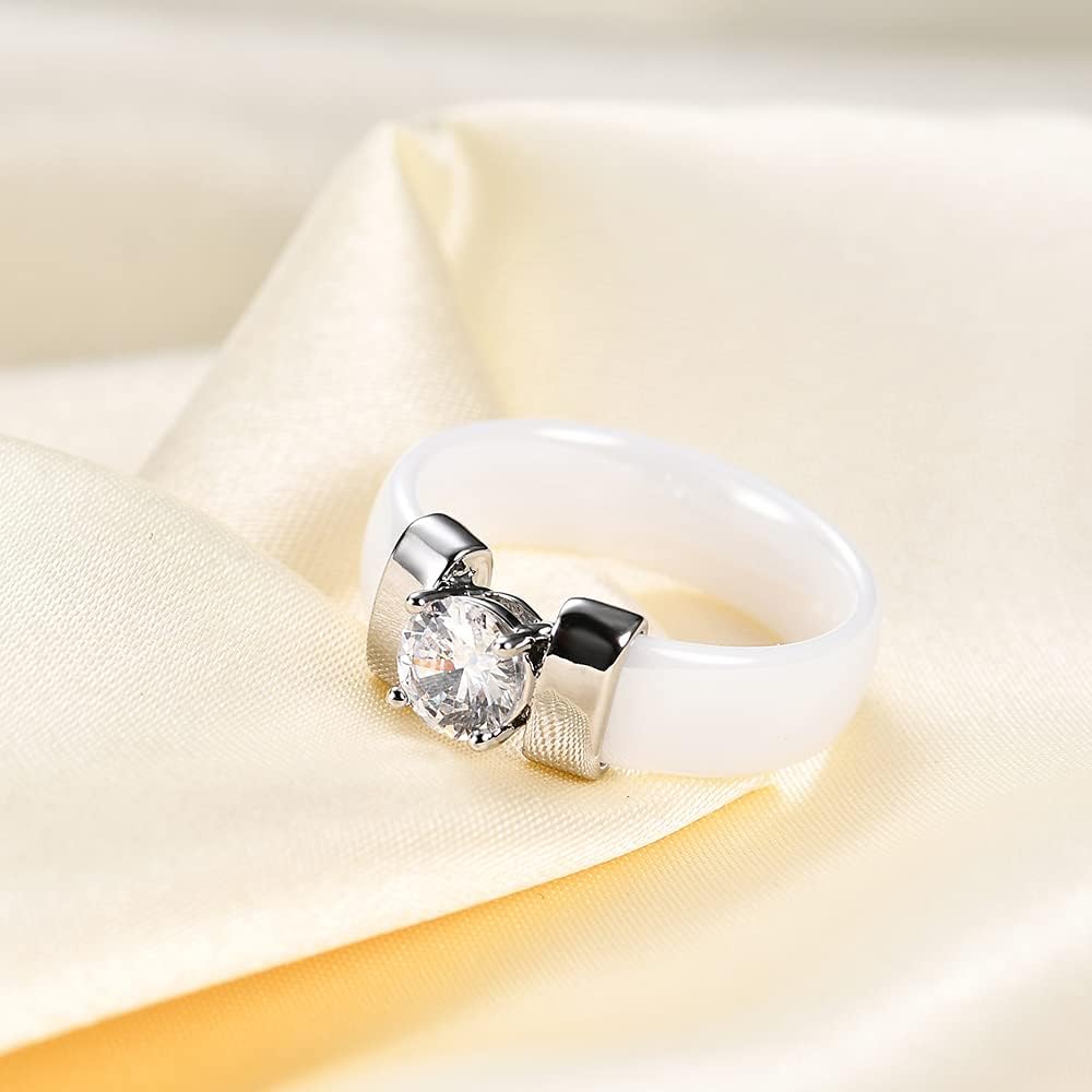 MYNENEY 6mm White/Black Ceramic Rings Plus Cubic Zirconia For Women Comfort Fit Engagement Wedding Band Size 5-12