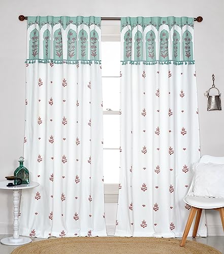Image of Tranquebar Curtain Co. Cotton Curtains 7 Feet Long Set of 2, 60-65% Room Darkening, Turquoise Mughal Arch Floral Print, Door Curtains 7 Feet Set of 2, BackTabs, Taj (213 cm) - Set of 2